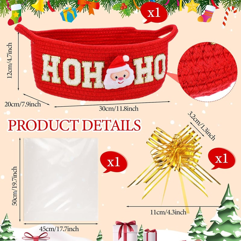 FoldTier 1 Set Christmas Empty Basket Set for Gifts with Bows Ribbons Cute HOHOHO Santa Claus Red Woven Basket with Handle Clear Cellophane Bags for Christmas Holiday Party Supplies Home Decoration - Image 2
